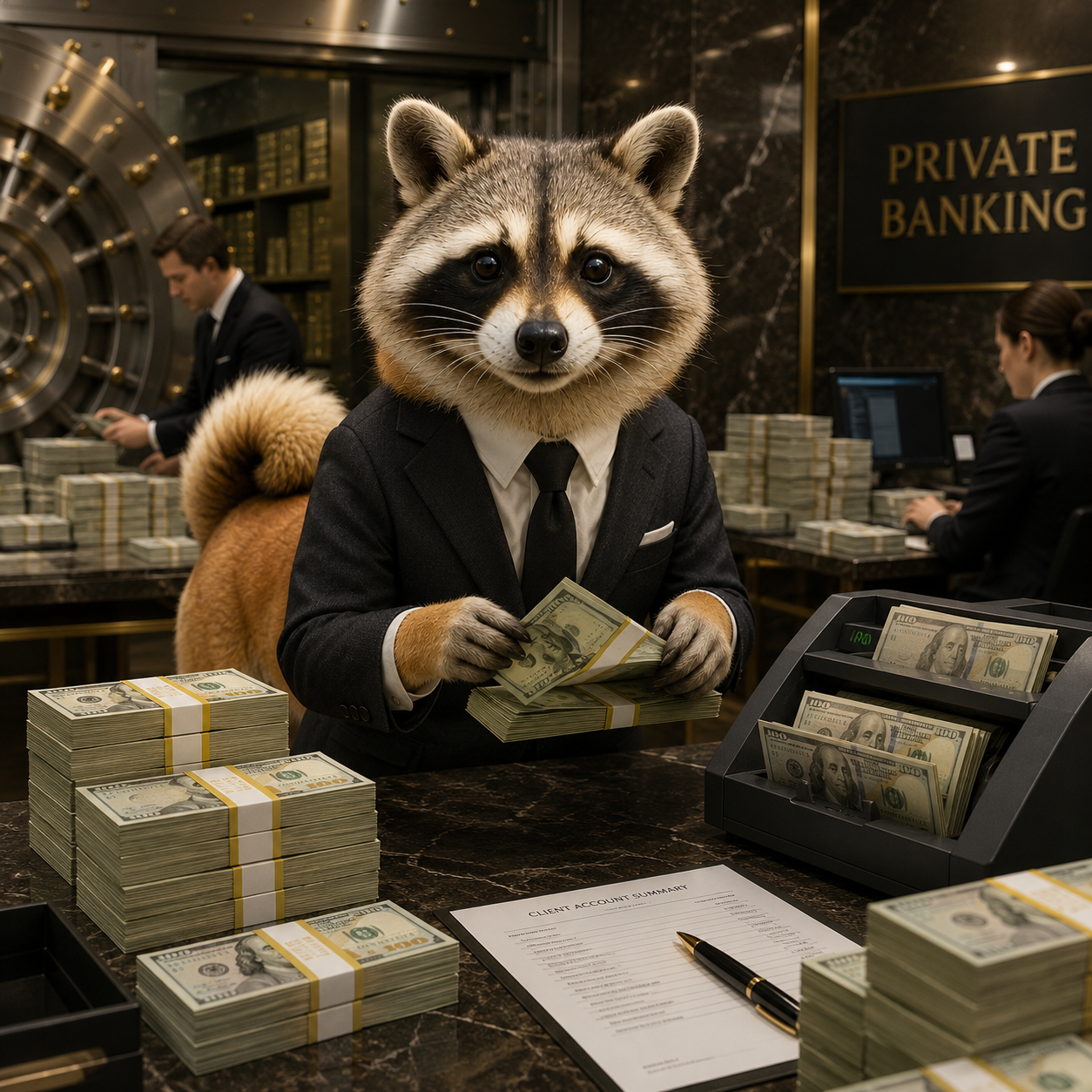 SHICOON in a suit counting cash at a private bank